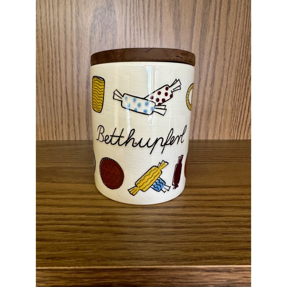 Vtg Ceramic Can with Teak Lid 50s Ceramic Treats BETTHUPFERN WGK German Ceramic